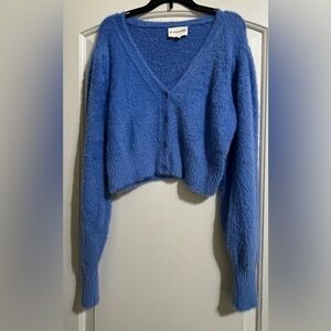 Freshman 1996 Women’s Blue Fuzzy Cropped Button Up V-Neck Sweater Medium